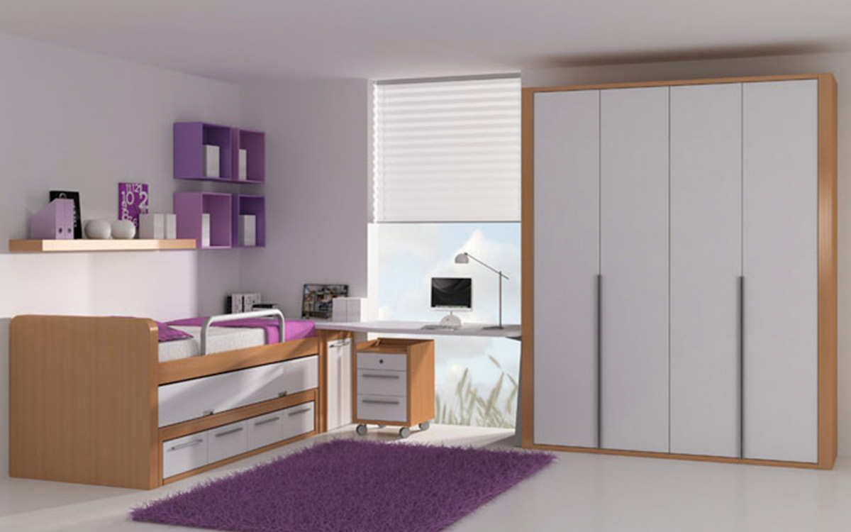 Cama elevada con cama nido y cajones inferiores en color haya y blanco, para habitación juvenil