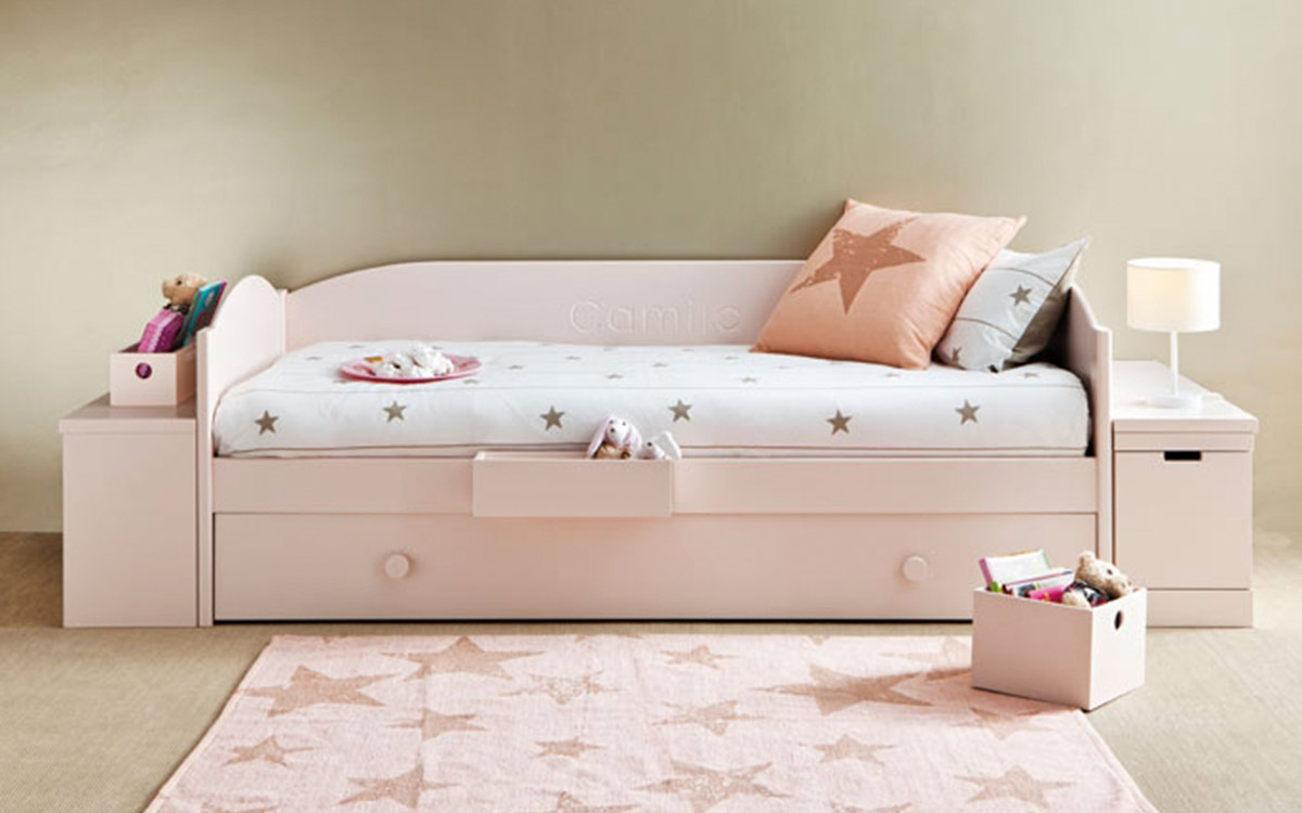 cama nido con somier extraíble y módulos jugueteros laterales, muebles Asoral de madera maciza