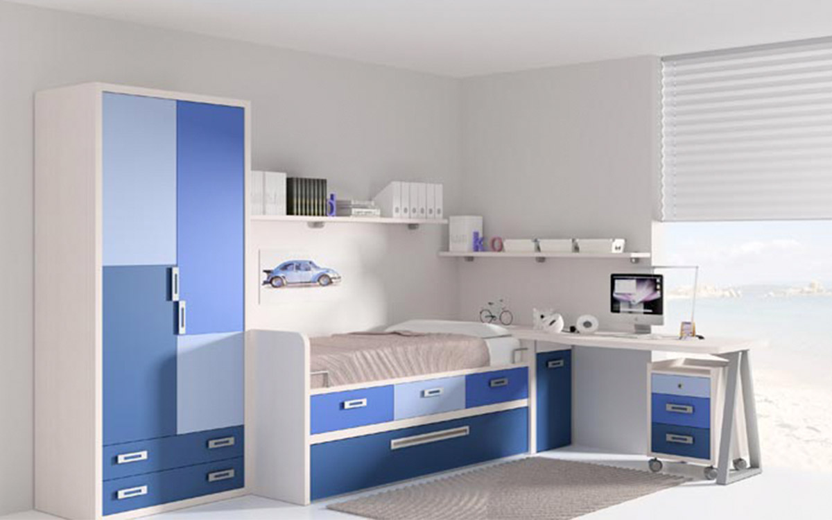 Dormitorio infantil con cama nido, somier extraíble y tres cajones inferiores, acabado en chapa sintética resistente y personalizable en colores y tiradores