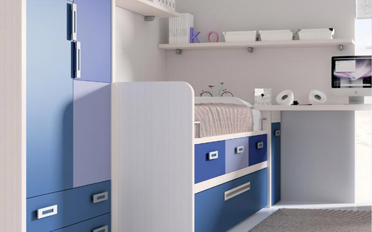 Dormitorio infantil con cama nido, somier extraíble y tres cajones inferiores, acabado en chapa sintética resistente y personalizable en colores y tiradores