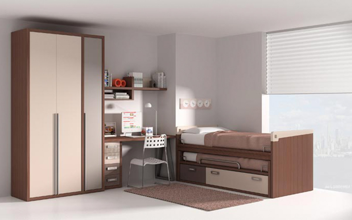 Dormitorio juvenil con cama nido elevada, somier extraíble inferior y dos cajones desiguales, acabado en chapa sintética y múltiples opciones de color