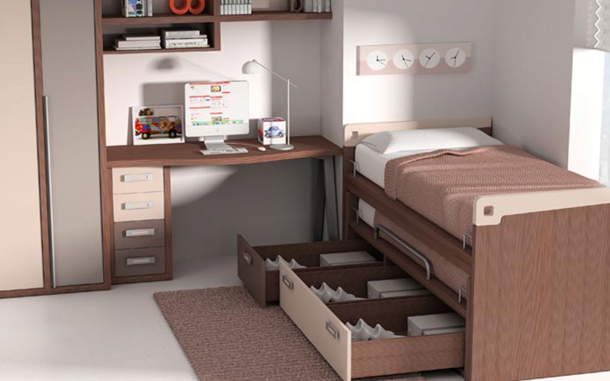 Dormitorio juvenil con cama nido elevada, somier extraíble inferior y dos cajones desiguales, acabado en chapa sintética y múltiples opciones de color