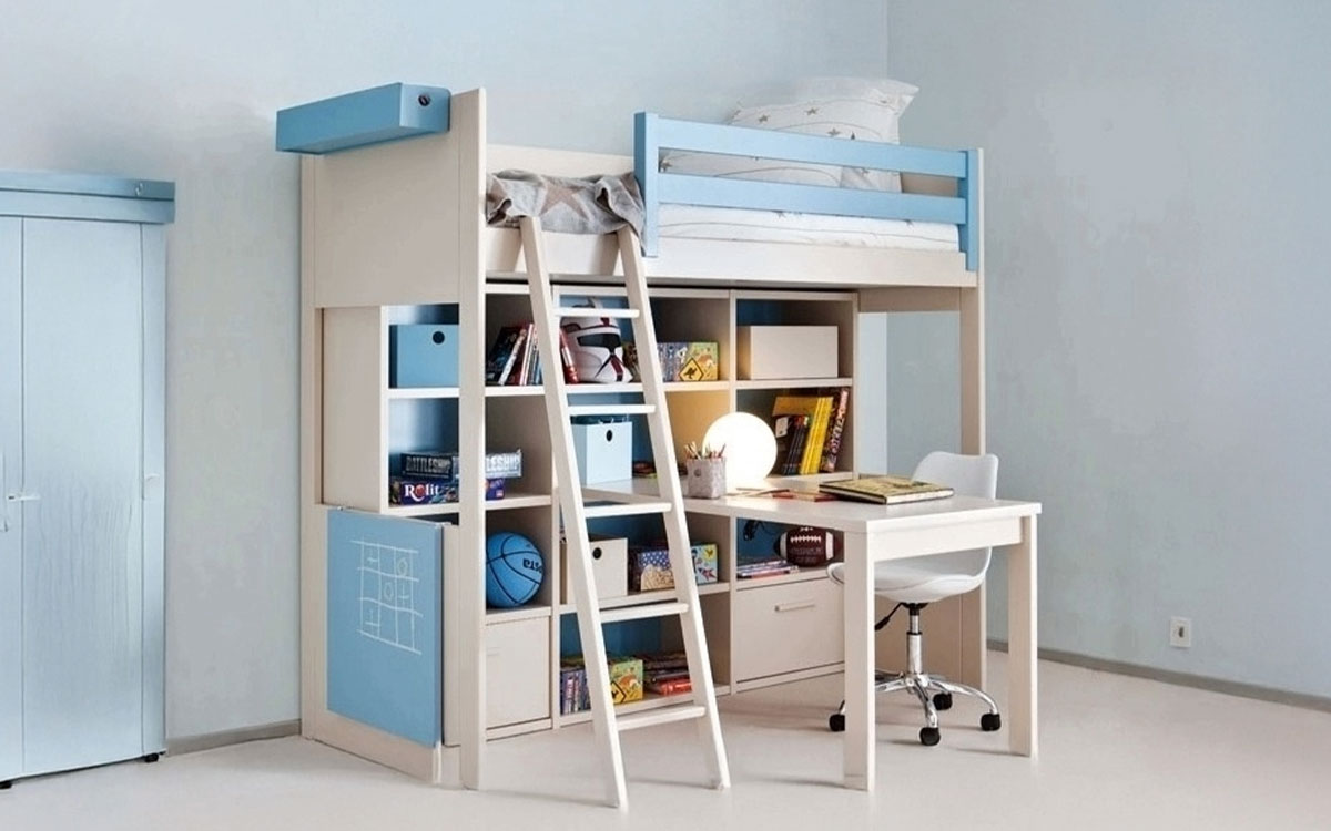 litera loft con escritorio y librería integrada, muebles juveniles Asoral de madera maciza