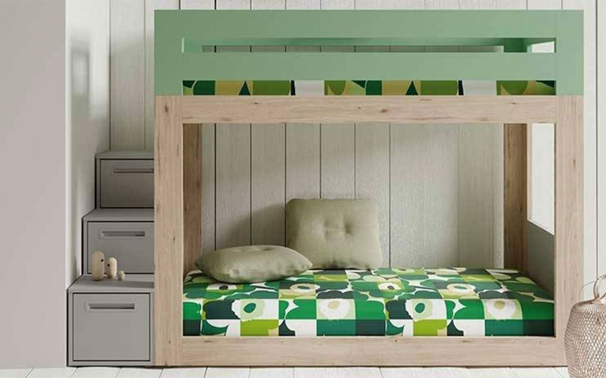 Litera infantil nórdica con cama superior e inferior, escalera con cajones y colores personalizables