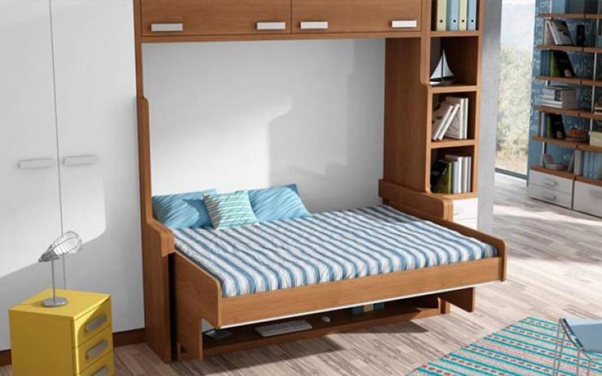 Cama abatible de matrimonio con mesa incorporada compacto.