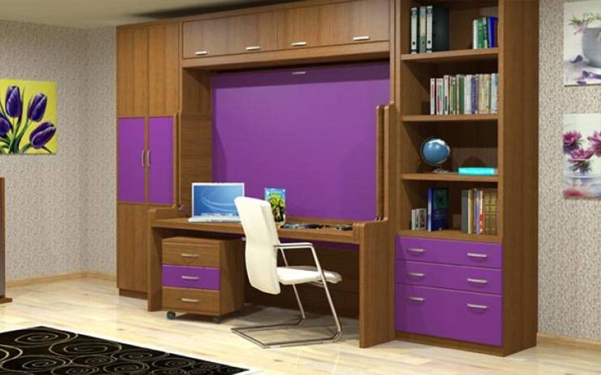 Cama abatible de matrimonio con mesa incorporada compacto.