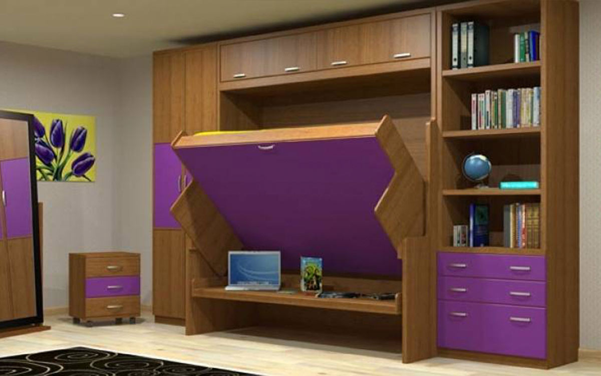 Cama abatible de matrimonio con mesa incorporada compacto.