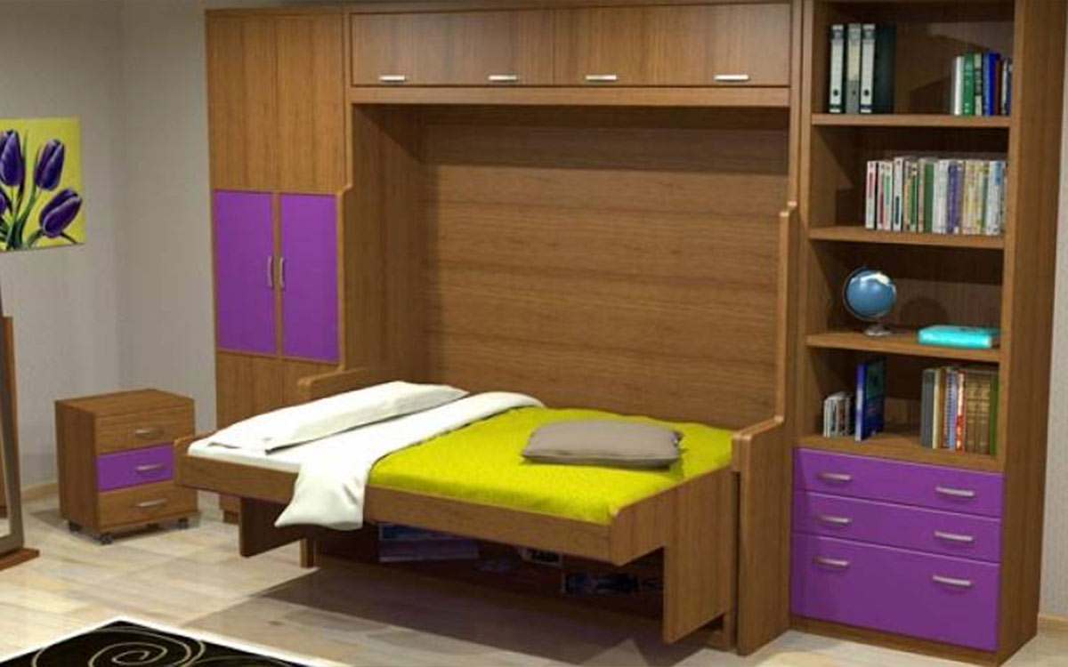 Cama abatible de matrimonio con mesa incorporada compacto.