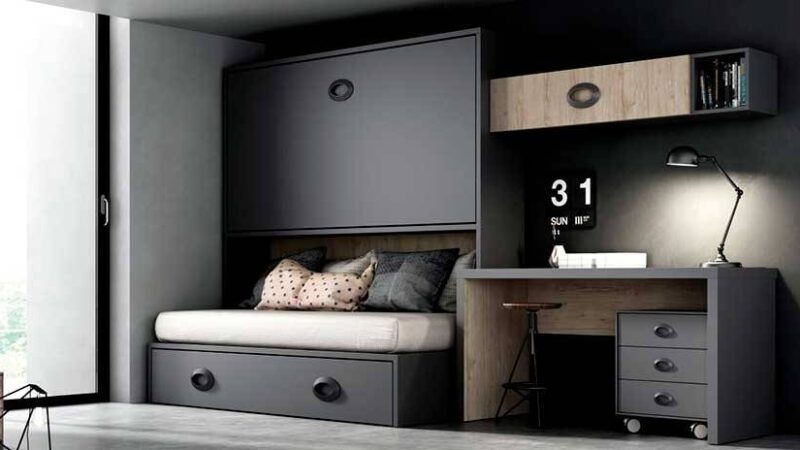 Sofá cama abatible con sofá nido y litera, con opción de tercera cama o cajones inferiores.