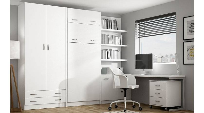Mueble cama con literas abatibles, mueble cama modular con otros elementos de la serie como armario, estantes y escritorio.