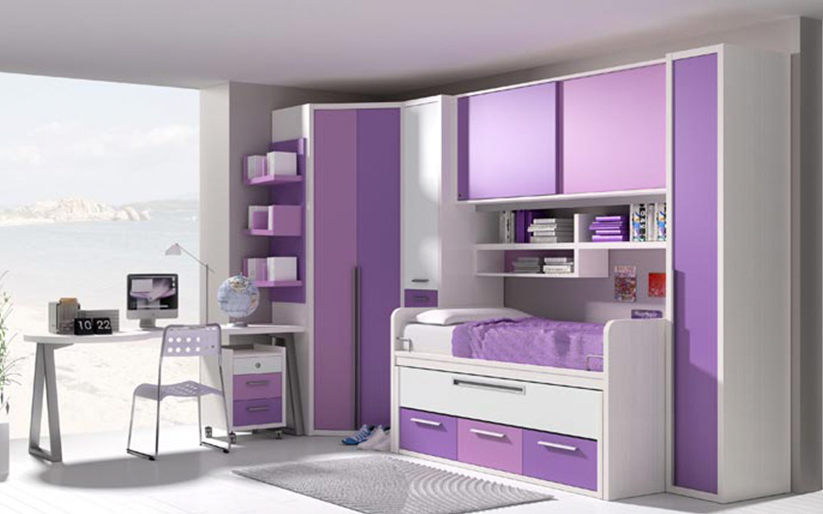 Pieza de pared con cama nido, somier extraíble, cajones y armarios, ideal para habitaciones infantiles alargadas, acabado resistente y fácil de limpiar