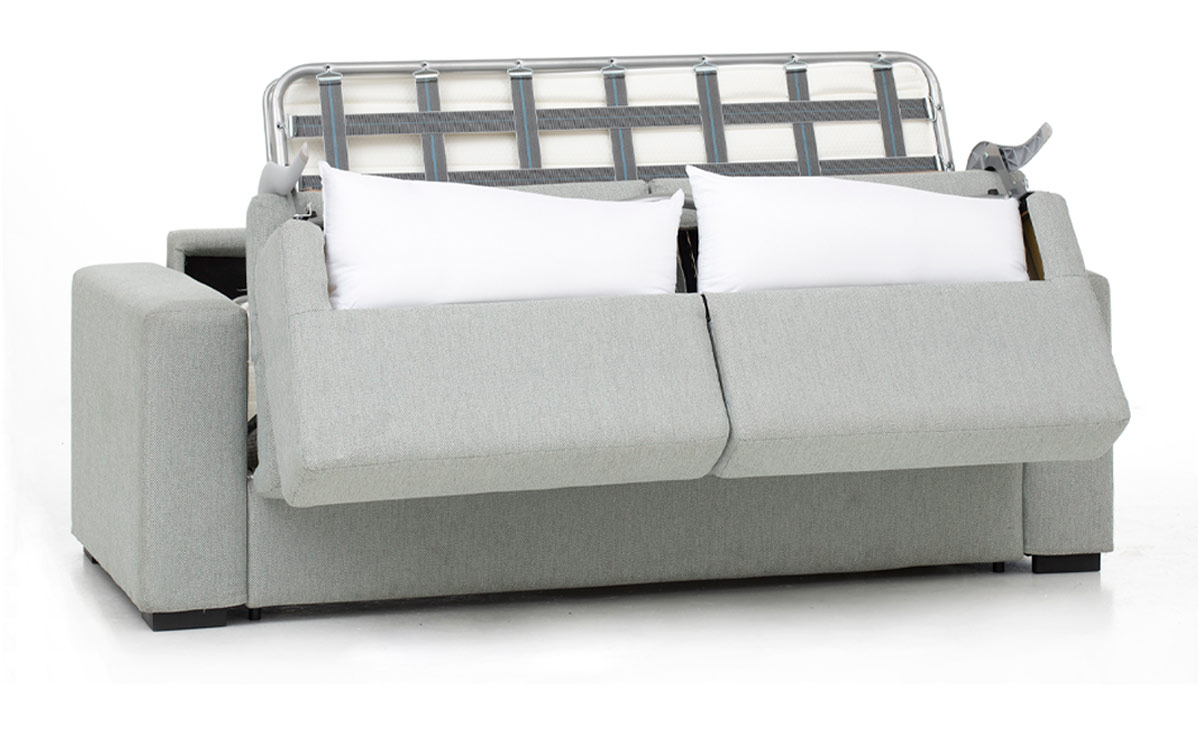 Sofá Cama 140x200 con Colchón Viscoelástico y Apertura Italiana para Espacios Pequeños. Diseño medio abierto.