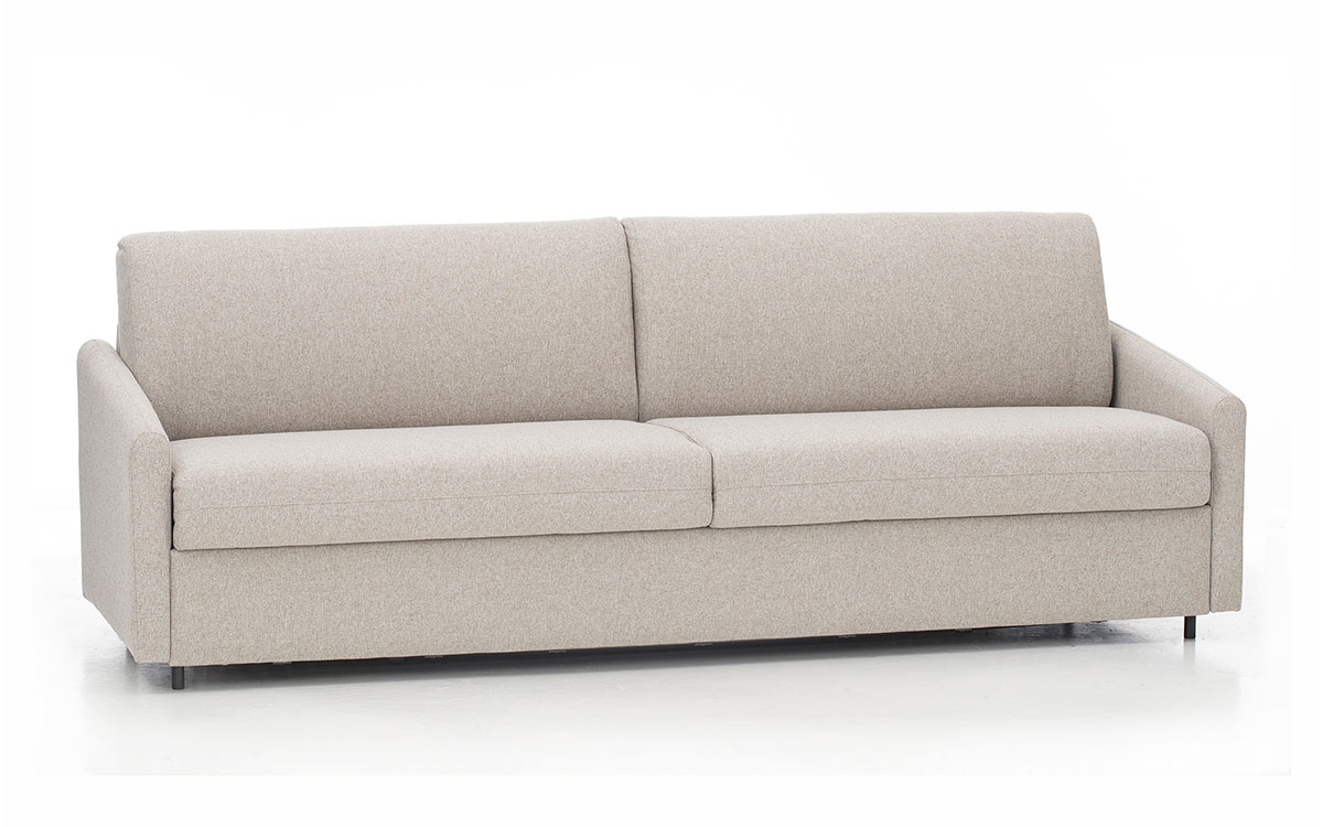 Sofá cama horizontal de matrimonio, apertura paralela, colchón HR, ideal para habitaciones pequeñas y uso diario. Diseño con perspectiva.