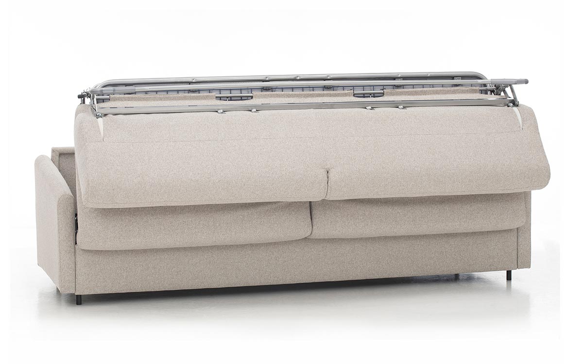 Sofá cama horizontal de matrimonio, apertura paralela, colchón HR, ideal para habitaciones pequeñas y uso diario. Diseño medio abierto.