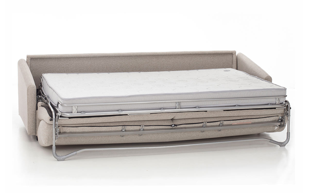 Sofá cama horizontal de matrimonio, apertura paralela, colchón HR, ideal para habitaciones pequeñas y uso diario. Diseño abierto.
