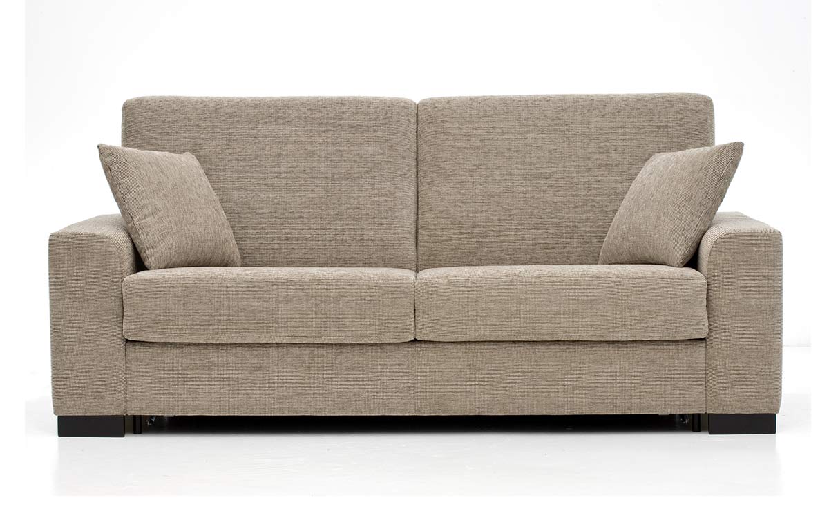 Sofá cama 140x190 cm con colchón de látex, viscoelástico o muelles, estructura metálica de alta resistencia. Fácil apertura italiana sin mover almohadones. Diseño frontal.