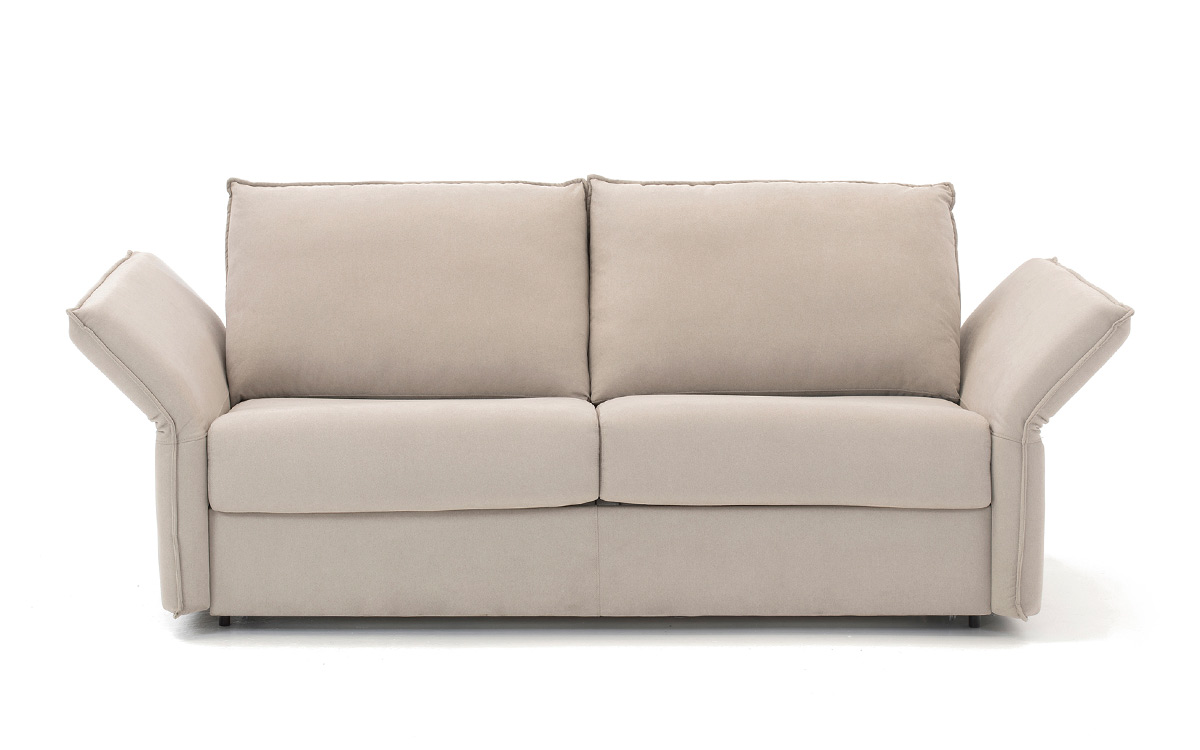 Sofá cama con brazos abatibles, colchón de látex, viscoelástico o muelles, apertura fácil sin mover cojines y opción de chaise longue con somier premium. Diseño frontal.