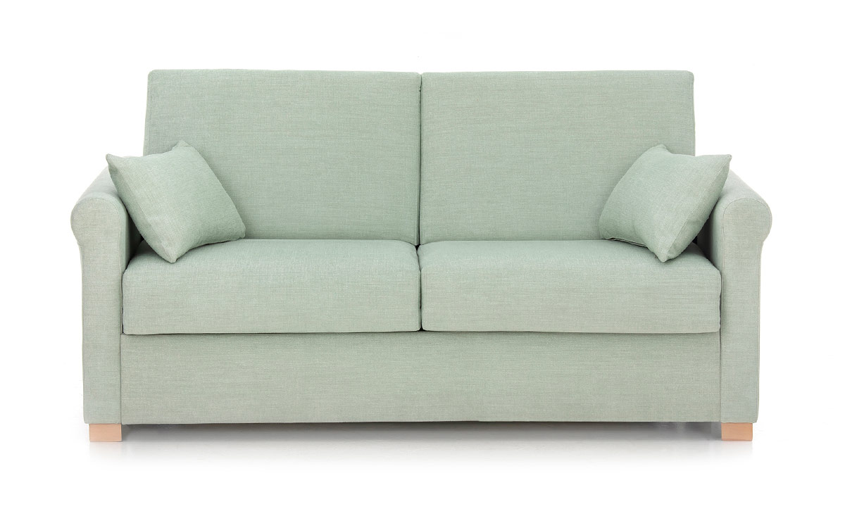 Sofá cama compacto de diseño clásico, colchón HR de 140x190 cm, ideal para salones pequeños, fácil apertura sin mover almohadones, ahorro de espacio. Diseño frontal.