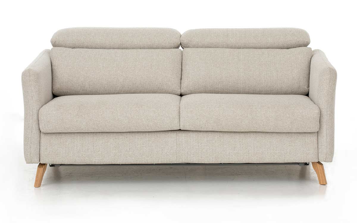 Sofá cama nórdico de 140x200 cm, cabecero regulable, colchón HR, fácil apertura con sistema italiano, estructura metálica y madera, ideal para confort diario. Diseño frontal.