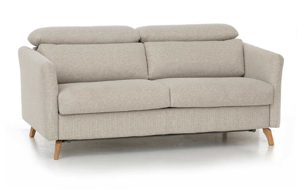 Sofá cama nórdico de 140x200 cm, cabecero regulable, colchón HR, fácil apertura con sistema italiano, estructura metálica y madera, ideal para confort diario. Diseño con perspectiva.