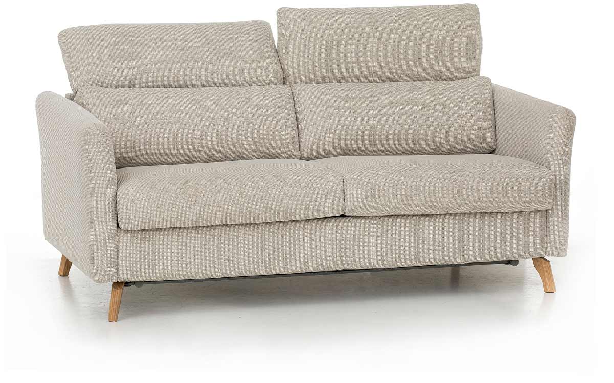 Sofá cama nórdico de 140x200 cm, cabecero regulable, colchón HR, fácil apertura con sistema italiano, estructura metálica y madera, ideal para confort diario. Diseño con perspectiva medio abierto.