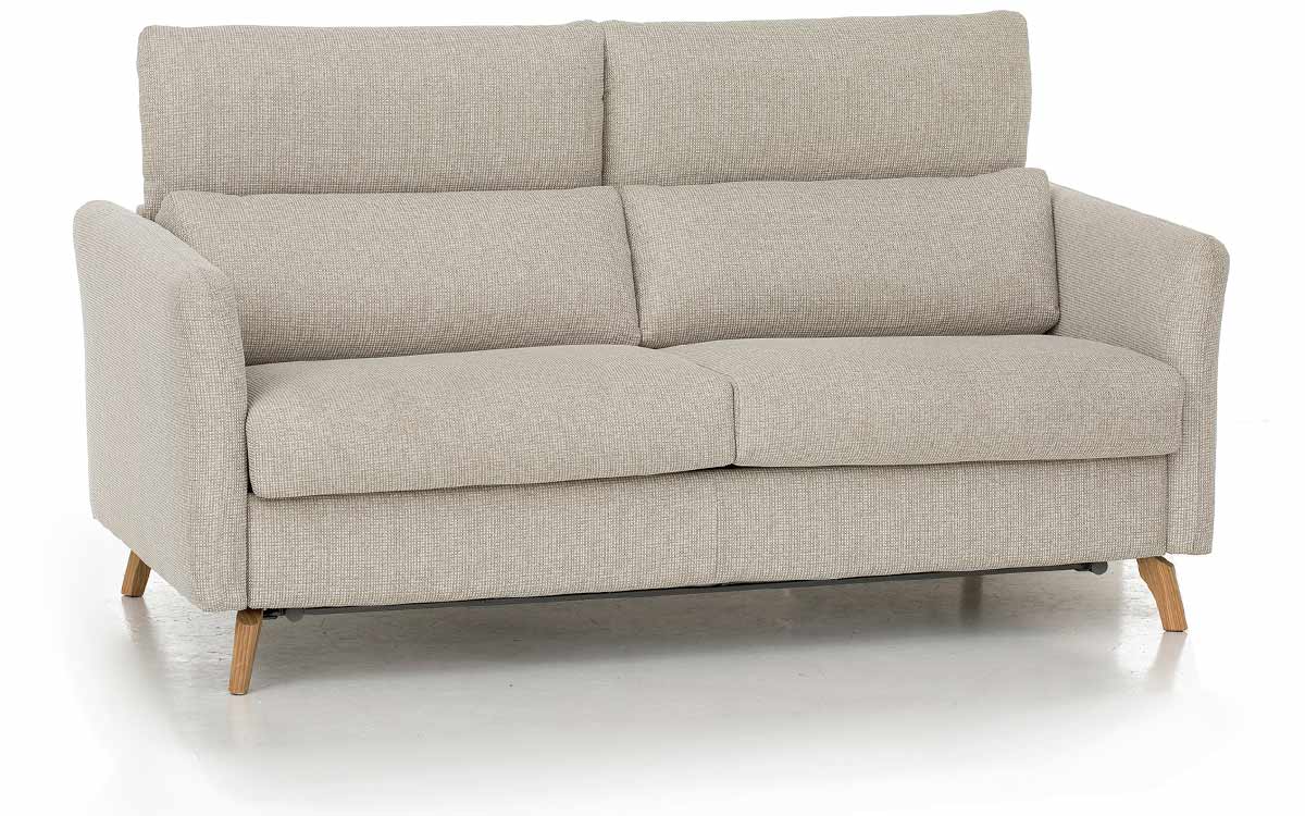 Sofá cama nórdico de 140x200 cm, cabecero regulable, colchón HR, fácil apertura con sistema italiano, estructura metálica y madera, ideal para confort diario. Diseño con perspectiva abierto.
