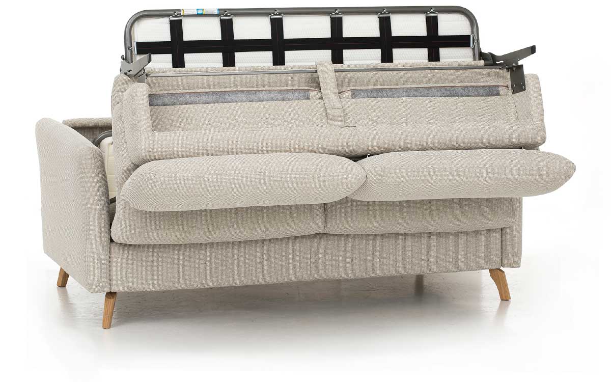 Sofá cama nórdico de 140x200 cm, cabecero regulable, colchón HR, fácil apertura con sistema italiano, estructura metálica y madera, ideal para confort diario. Diseño medio abierto.