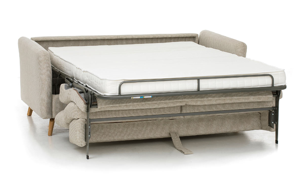Sofá cama nórdico de 140x200 cm, cabecero regulable, colchón HR, fácil apertura con sistema italiano, estructura metálica y madera, ideal para confort diario. Diseño abierto.
