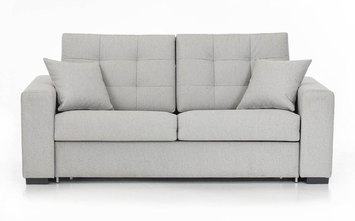 Sofá cama de matrimonio con respaldo capitoné, brazo recto, colchón de muelles o látex, apertura italiana fácil sin necesidad de quitar los cojines para convertirlo en cama. Diseño frontal.