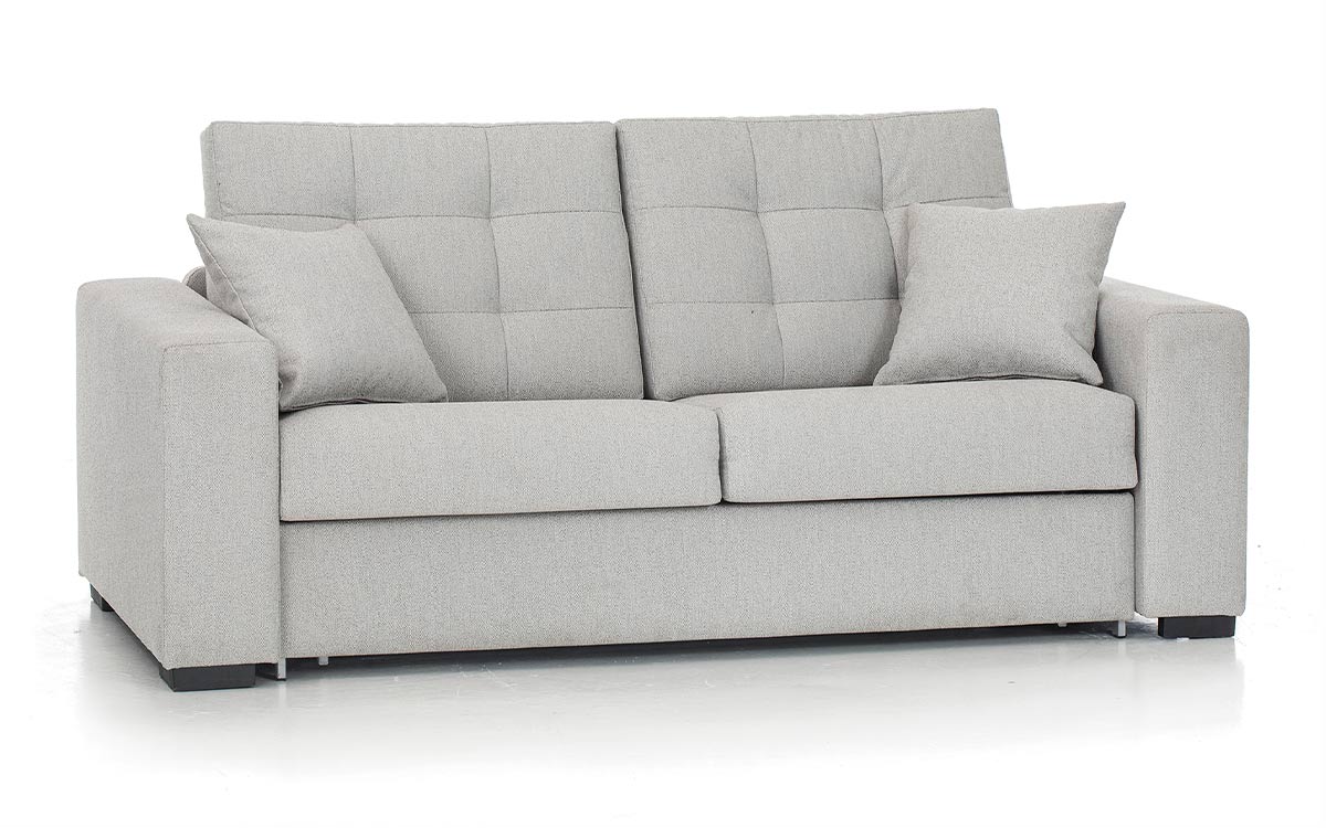 Sofá cama de matrimonio con respaldo capitoné, brazo recto, colchón de muelles o látex, apertura italiana fácil sin necesidad de quitar los cojines para convertirlo en cama. Diseño con perspectiva.