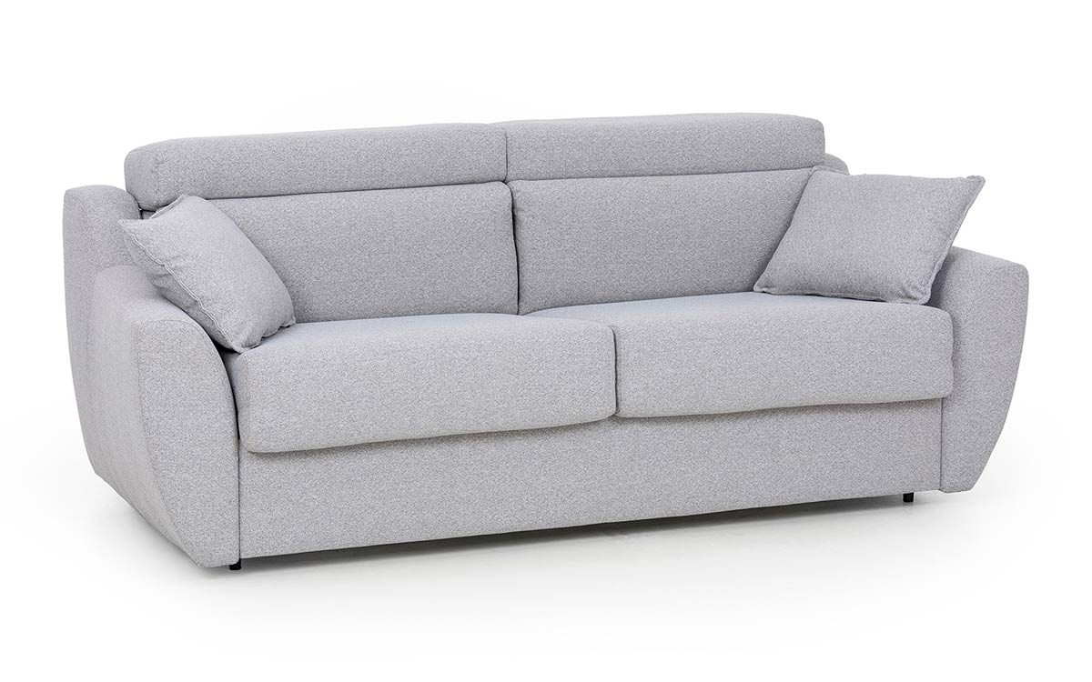 Sofá cama moderno de 140x190 con colchón viscoelástico de alta densidad, apertura italiana fácil sin mover cojines, y respaldo abatible para mayor comodidad. Diseño con perspectiva.