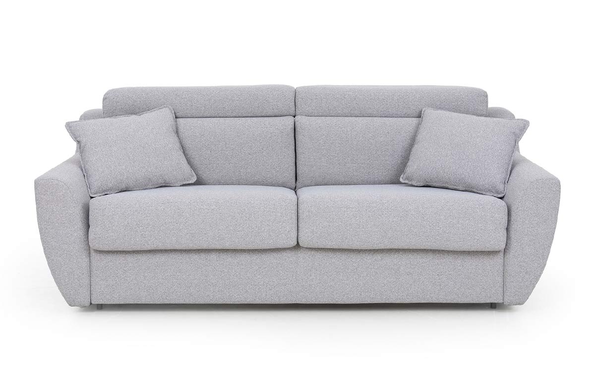 Sofá cama moderno de 140x190 con colchón viscoelástico de alta densidad, apertura italiana fácil sin mover cojines, y respaldo abatible para mayor comodidad. Diseño frontal.