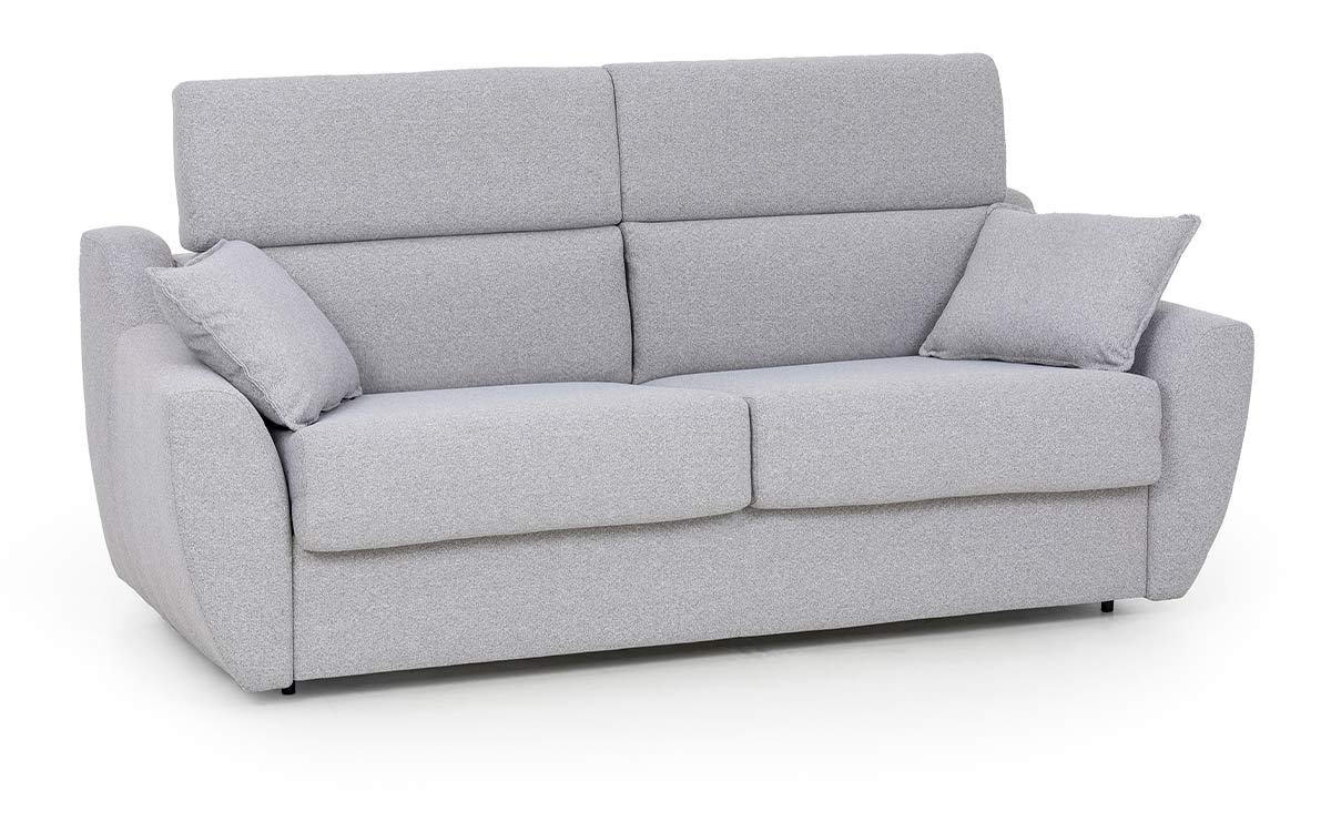 Sofá cama moderno de 140x190 con colchón viscoelástico de alta densidad, apertura italiana fácil sin mover cojines, y respaldo abatible para mayor comodidad. Diseño con respaldo abierto.