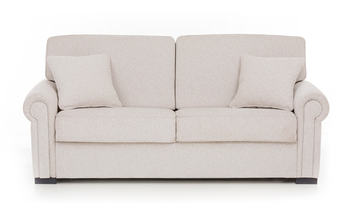 Sofá cama 140x190, colchón HR alta densidad, viscoelástico o látex, diseño clásico de alta calidad, fácil apertura y gran confort. Diseño frontal