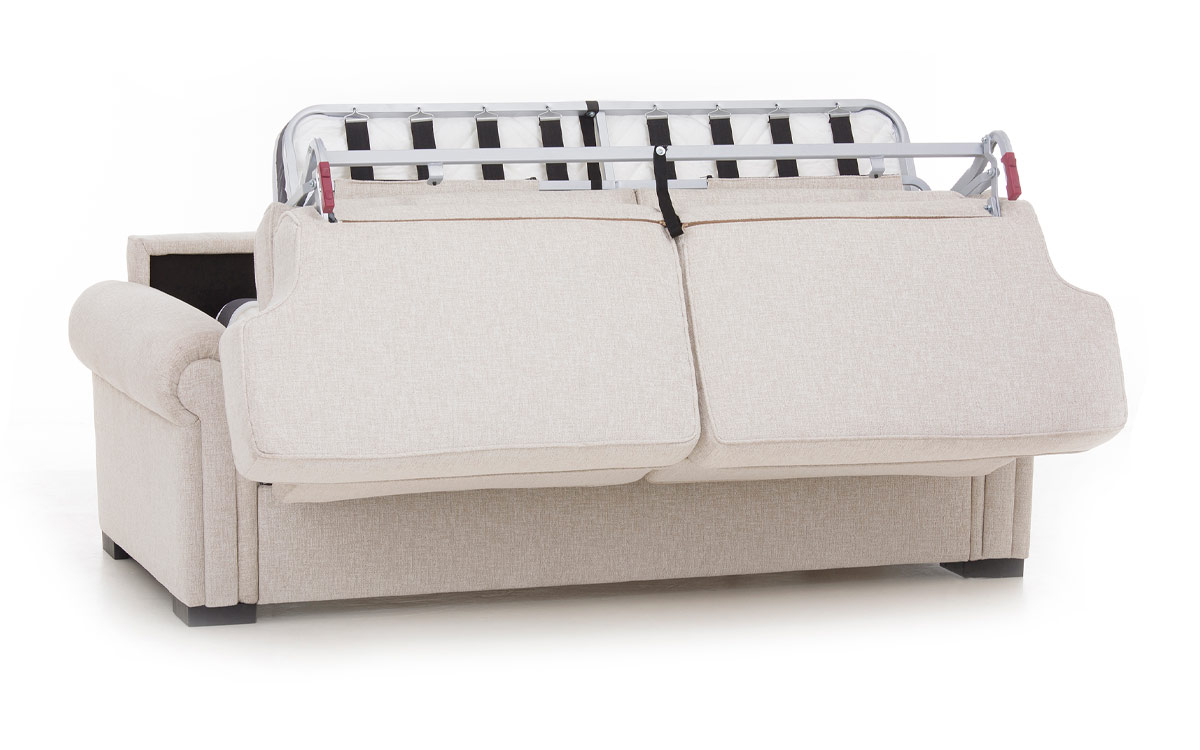Sofá cama 140x190, colchón HR alta densidad, viscoelástico o látex, diseño clásico de alta calidad, fácil apertura y gran confort. Diseño medio abierto