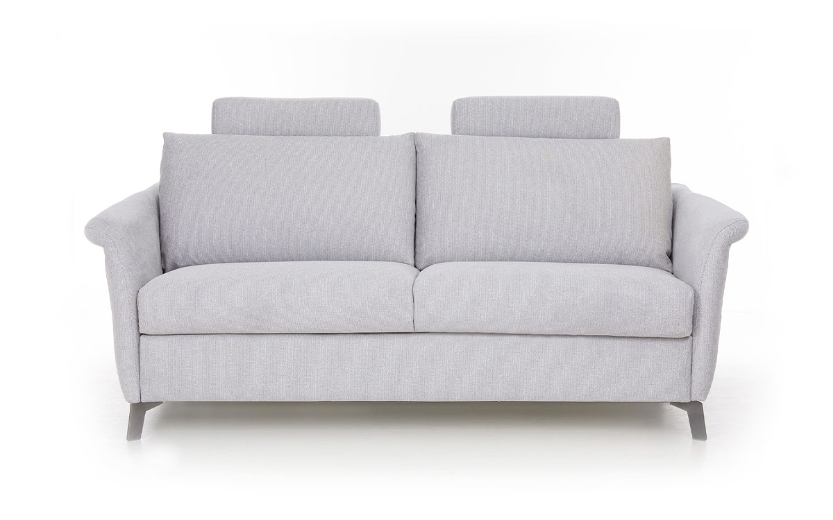 Sofá cama 140x190, colchón HR alta densidad, diseño atemporal con cabeceros opcionales, somier plano electrosoldado. Diseño frontal abierto