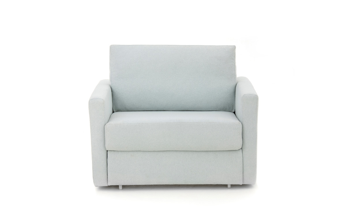 Sillón cama F5 de 80x190 con apertura italiana, brazo recto y hueco para almohadas. Compacto y elegante. Diseño frontal.