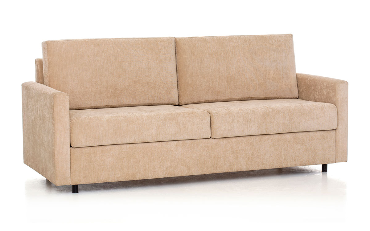 Sofá cama horizontal con cama elevada y apertura sencilla, ideal para hospitales, clínicas y colectividades, con estructura metálica resistente y diseño funcional. Diseño con perspectiva.