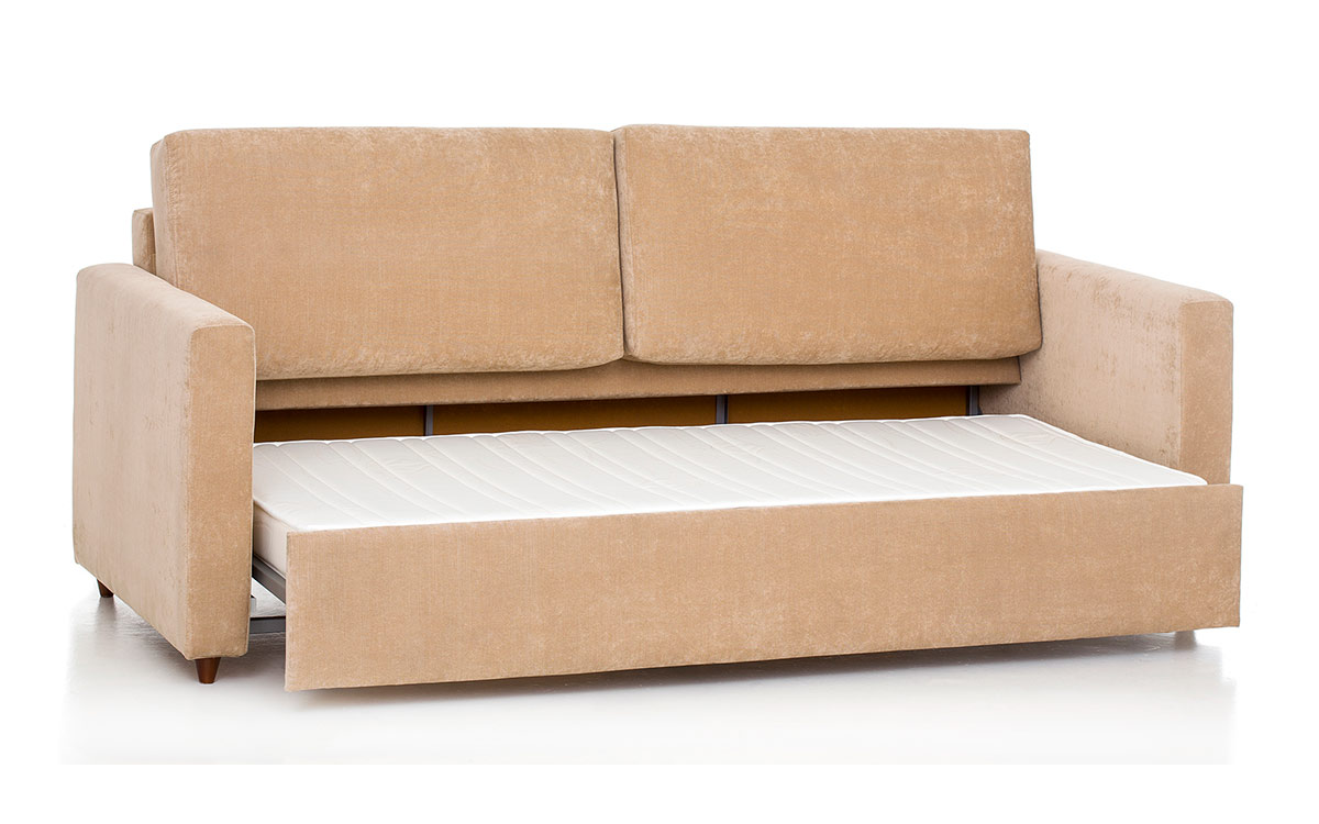 Sofá cama horizontal con cama elevada y apertura sencilla, ideal para hospitales, clínicas y colectividades, con estructura metálica resistente y diseño funcional. Diseño abierto.