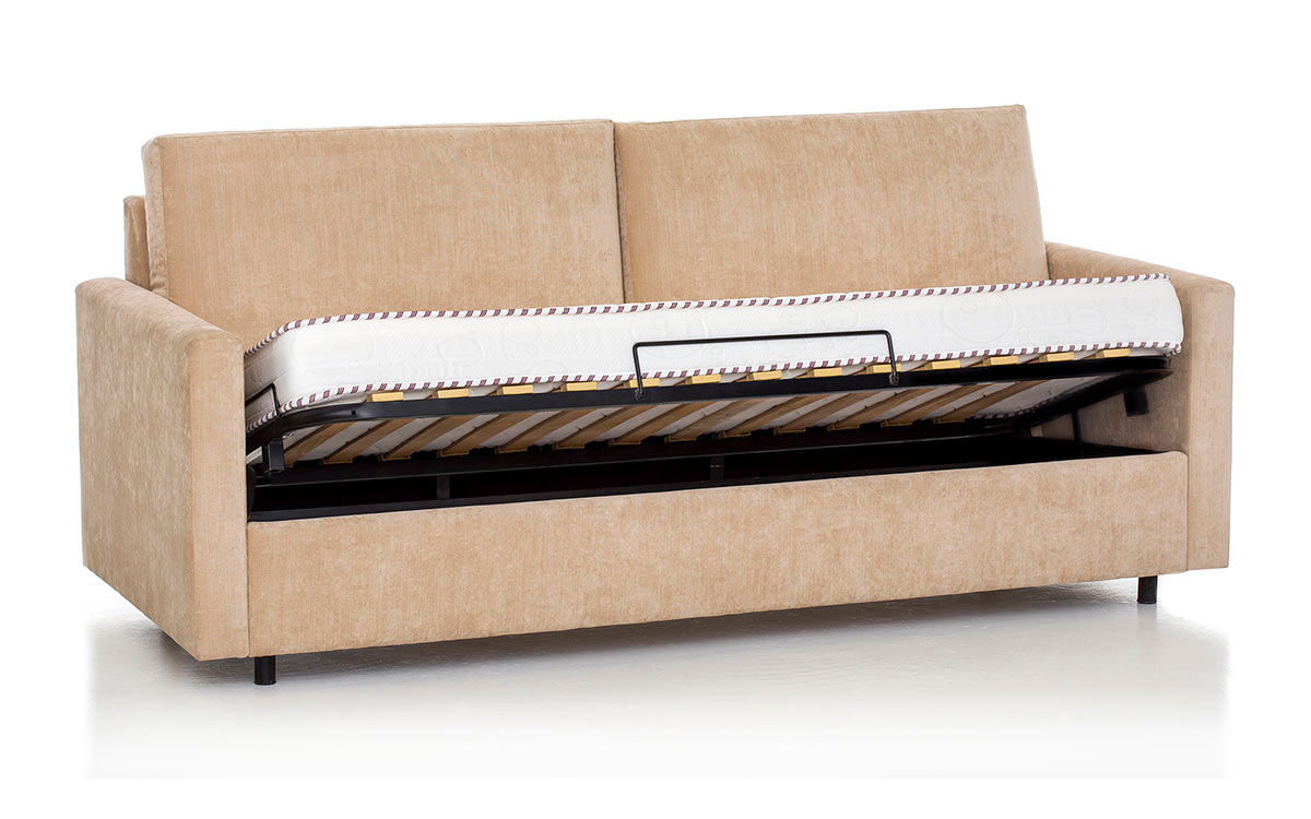Sofá cama horizontal con cama elevada y apertura sencilla, ideal para hospitales, clínicas y colectividades, con estructura metálica resistente y diseño funcional. Diseño medio abierto.