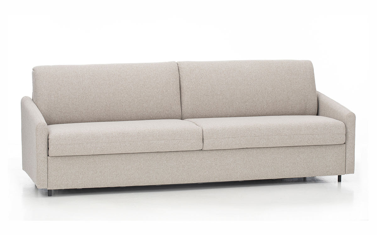 Sofá cama de apertura horizontal con cama de matrimonio, ideal para habitaciones estrechas, resistente, cómodo y fácil de usar sin mover los almohadones Diseño con perspectiva.