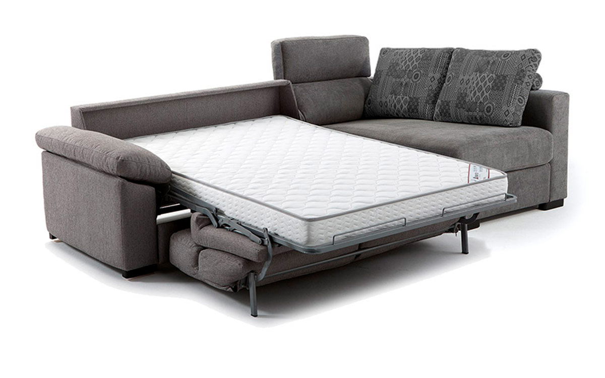 Sofá cama con chaise longue de diseño contemporáneo, apertura italiana fácil, colchón cómodo y cajón de almacenaje. Diseño abierto.