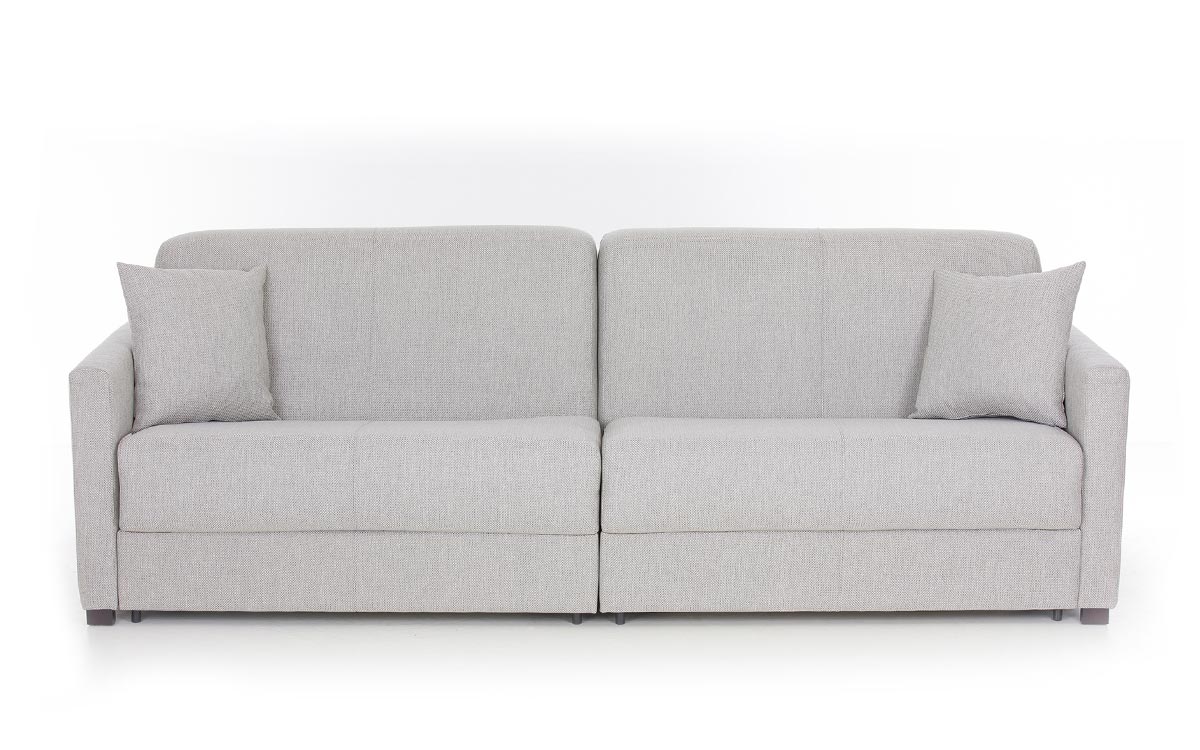 Sofá cama con dos camas gemelas de 90x190 cm, apertura independiente, ideal para espacios pequeños y uso diario. Diseño frontal.