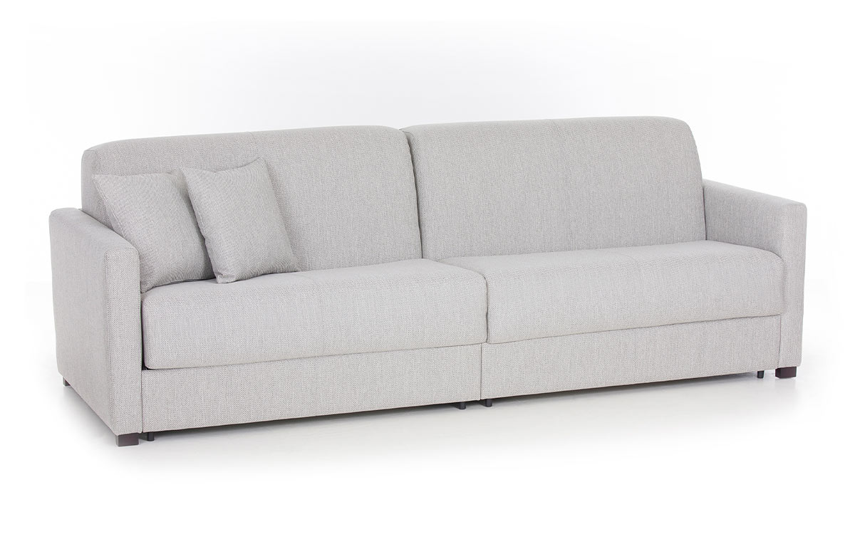 Sofá cama con dos camas gemelas de 90x190 cm, apertura independiente, ideal para espacios pequeños y uso diario. Diseño con perspectiva.