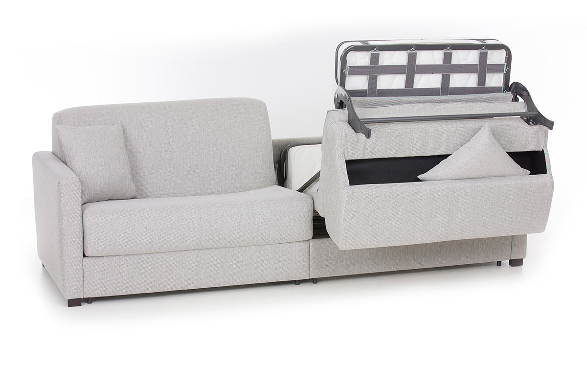 Sofá cama con dos camas gemelas de 90x190 cm, apertura independiente, ideal para espacios pequeños y uso diario. Diseño medio abierto.