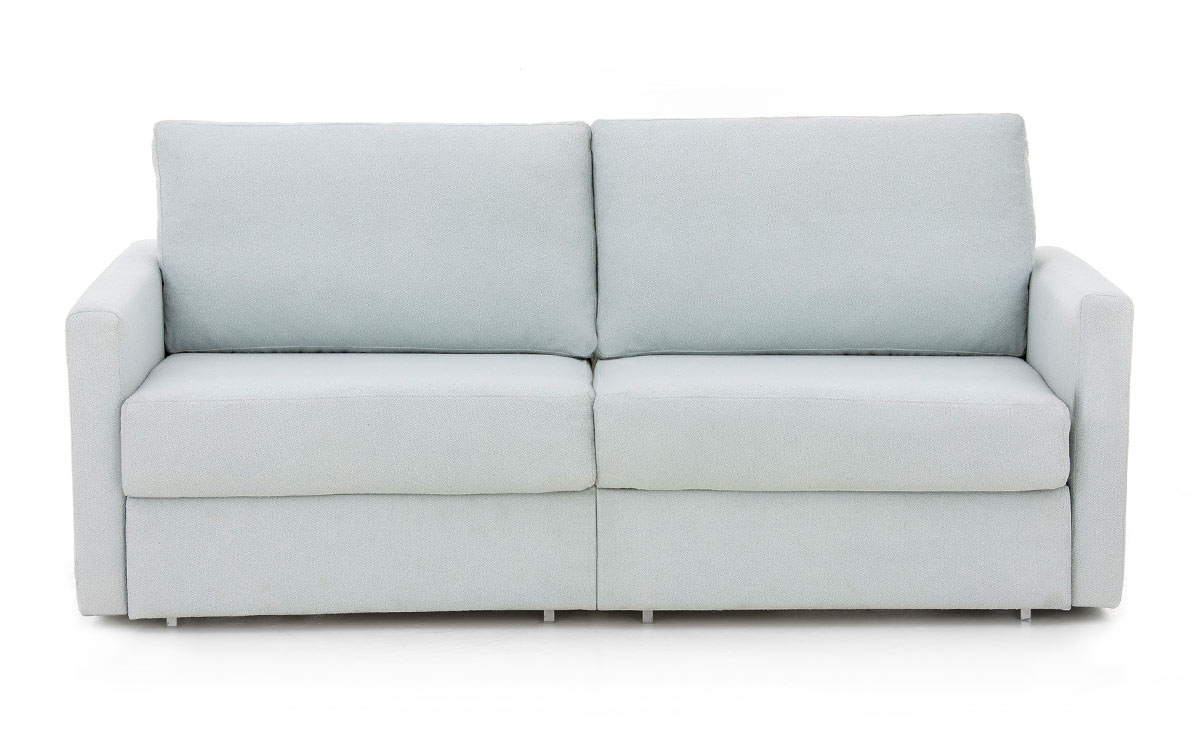 Sofá cama gemelas con apertura intuitiva, diseño compacto y hueco para almohadas, ideal para uso frecuente en espacios pequeños. Diseño frontal.