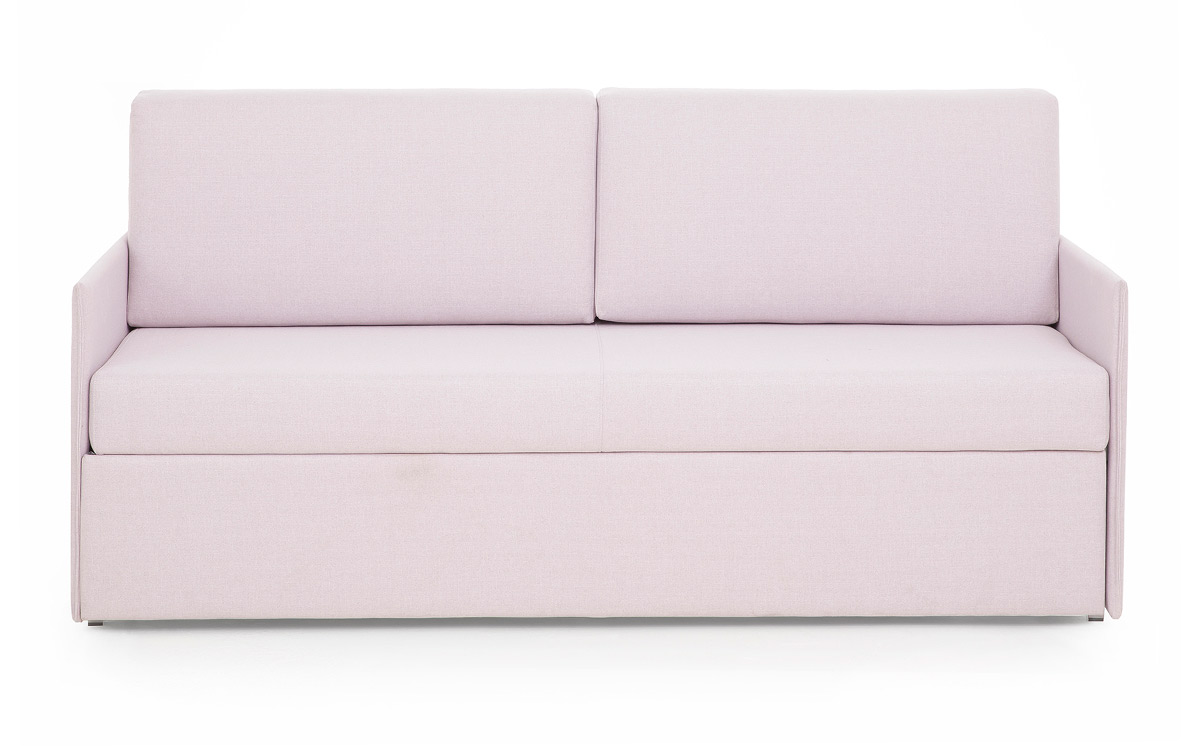 Sofá cama nido con dos camas de 80x190 cm, compacto y elegante, fácil de abrir, ideal para habitaciones pequeñas. Diseño frontal.
