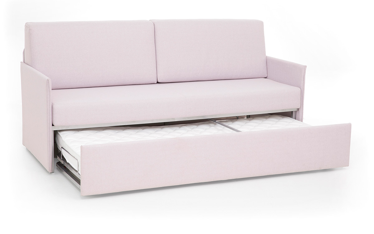 Sofá cama nido con dos camas de 80x190 cm, compacto y elegante, fácil de abrir, ideal para habitaciones pequeñas. Diseño medio abierto.
