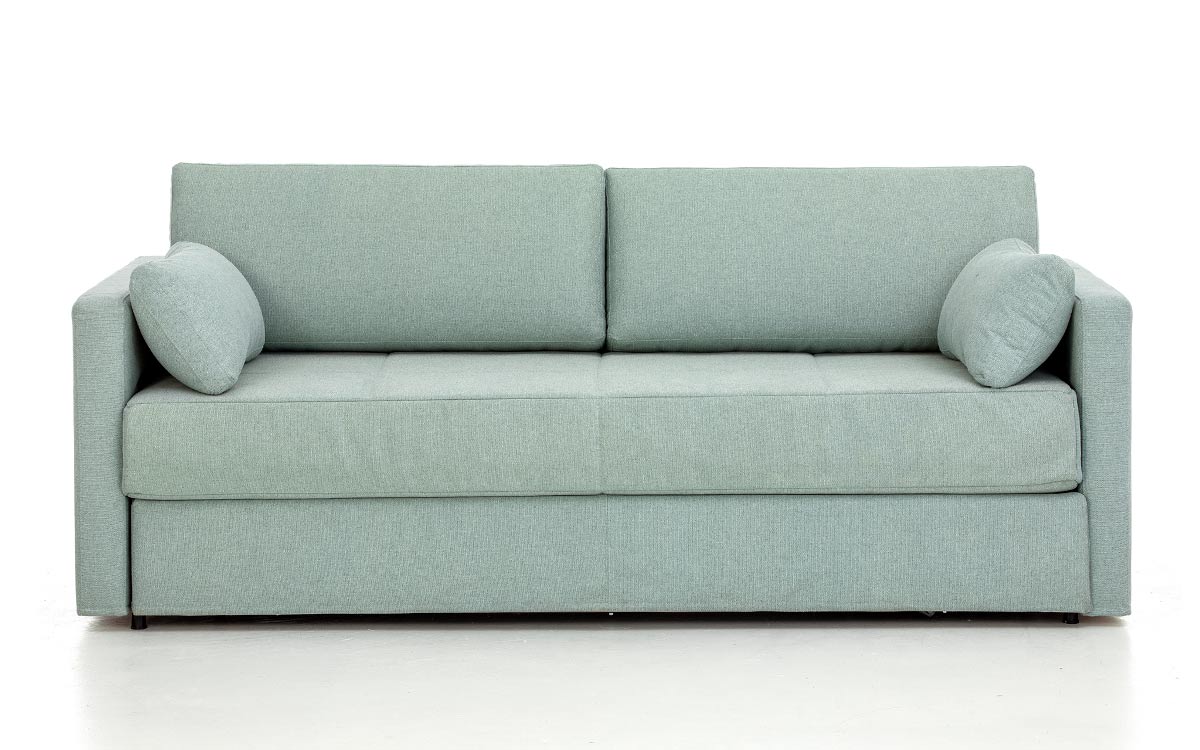 Sofá cama nido con dos camas de 80x190 cm, diseño elegante, apertura fácil y opción de cajón, ideal para espacios reducidos. Diseño frontal.