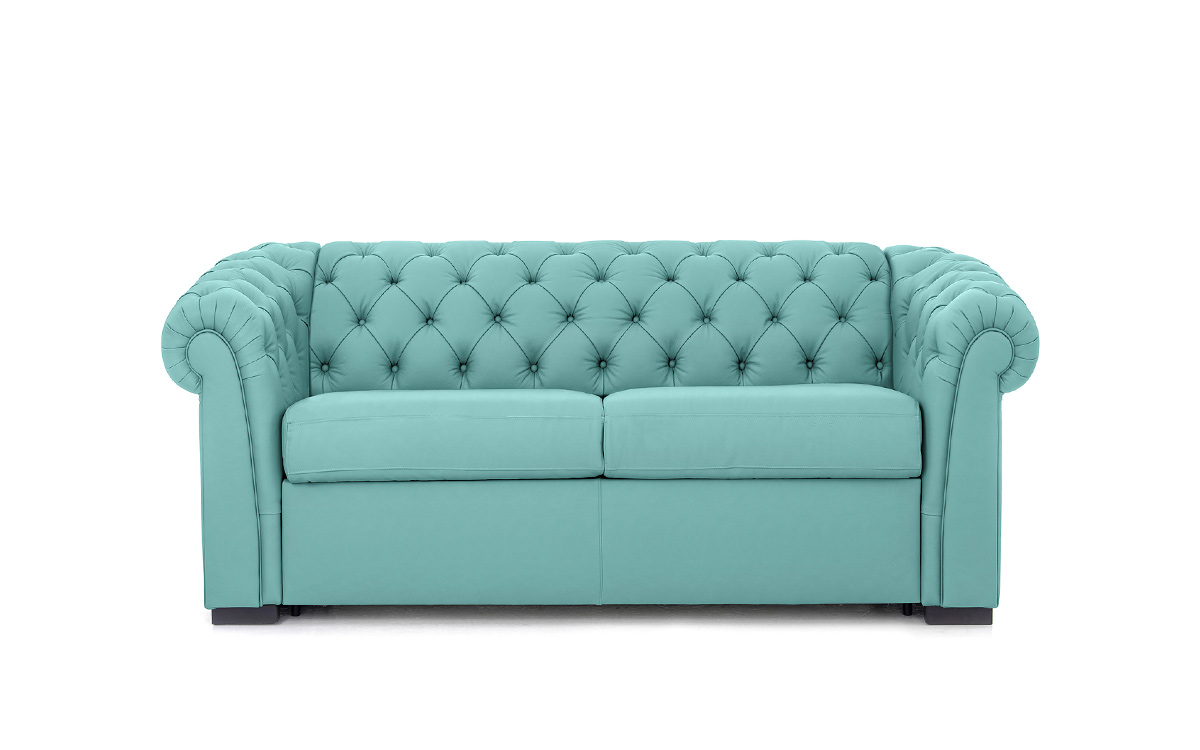 Sofá cama chester 90x200 en piel con capitoné artesanal, apertura italiana y colchón firme de uso diario. Diseño frontal.